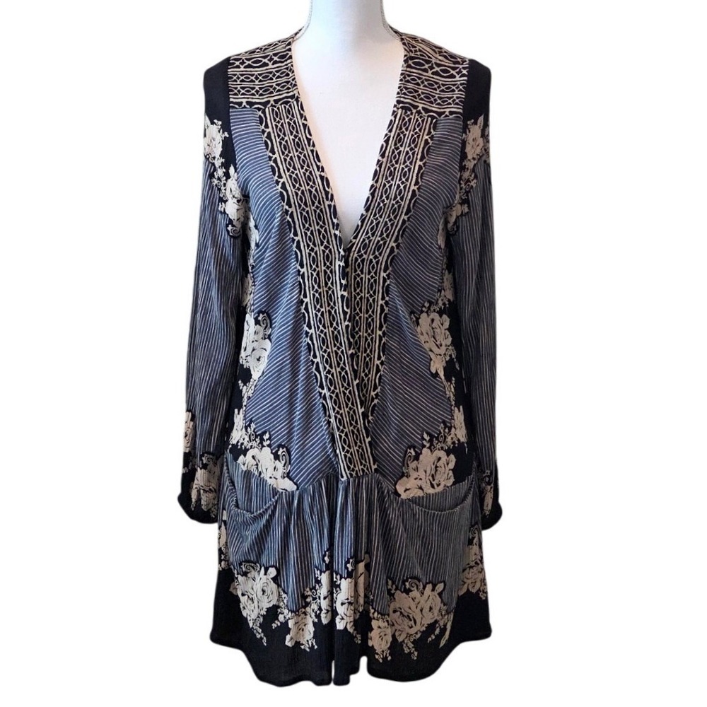 Free People Mini Dress Rayon Floral Mixed Print Relaxed Blue Black Boho XS